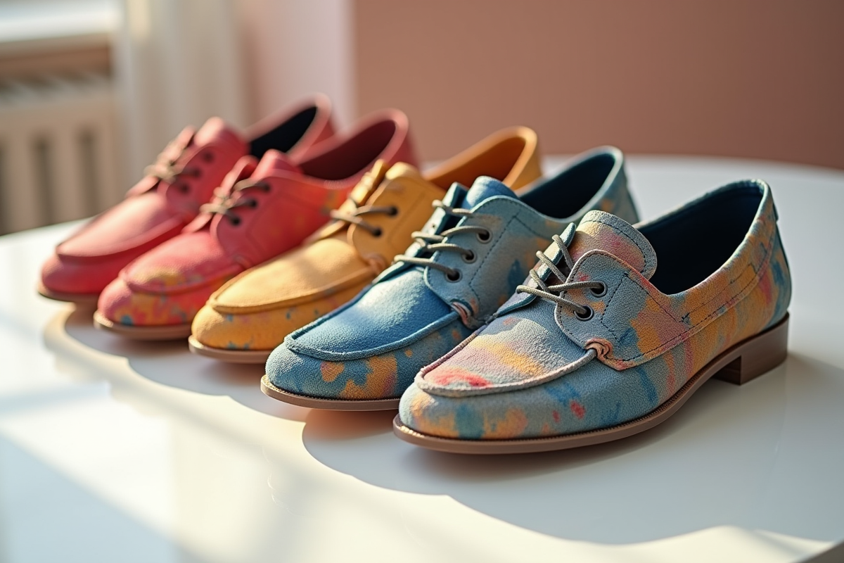 Chaussures de créateur colorées exposées sur une table brillante