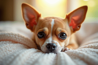 Chihuahua senior reposant sur une couverture douce en plein soleil