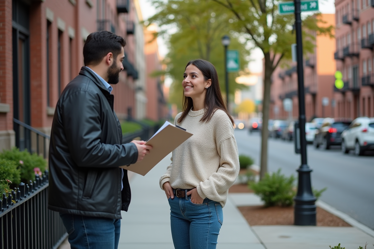 Jeune femme discutant avec officiel en rue