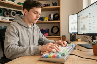 Jeune homme utilisant un clavier mécanique avec des touches GMK colorées dans un bureau home office moderne, réseaux sociaux affichés en arrière-plan