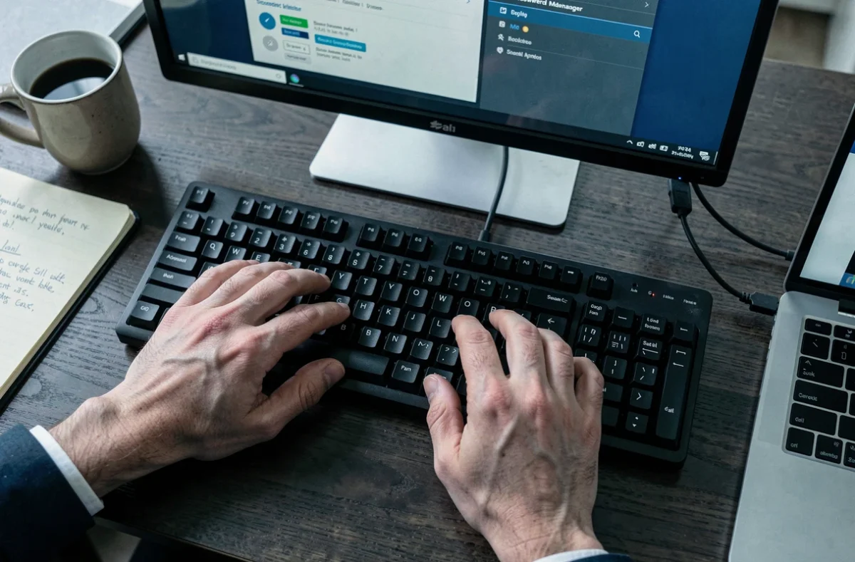 Mains tapant sur un clavier sécurisé avec une clé USB de sécurité et un gestionnaire de mots de passe visible à l'écran