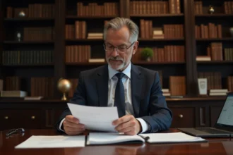 Homme d'affaires consultant des documents de codes et astuces pour le Club des Magnats dans un bureau privé élégant