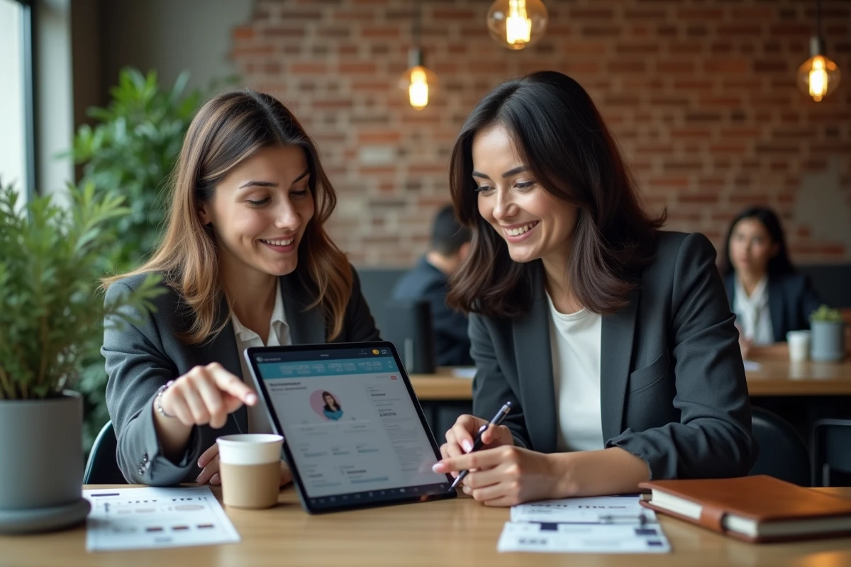 Deux professionnelles échangeant des astuces et liens du Club des Magnats sur une tablette dans un espace de coworking moderne