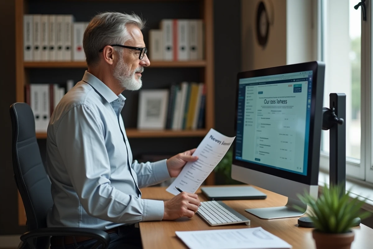 Homme concentré consultant un programme de récompenses du Club des Magnats sur son ordinateur dans un bureau à domicile moderne