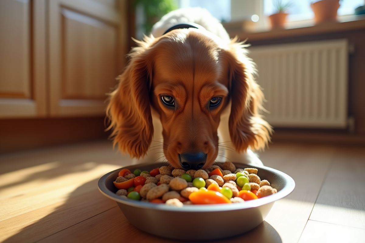 Cocker spaniel mangeant des croquettes avec légumes dans un bol en acier