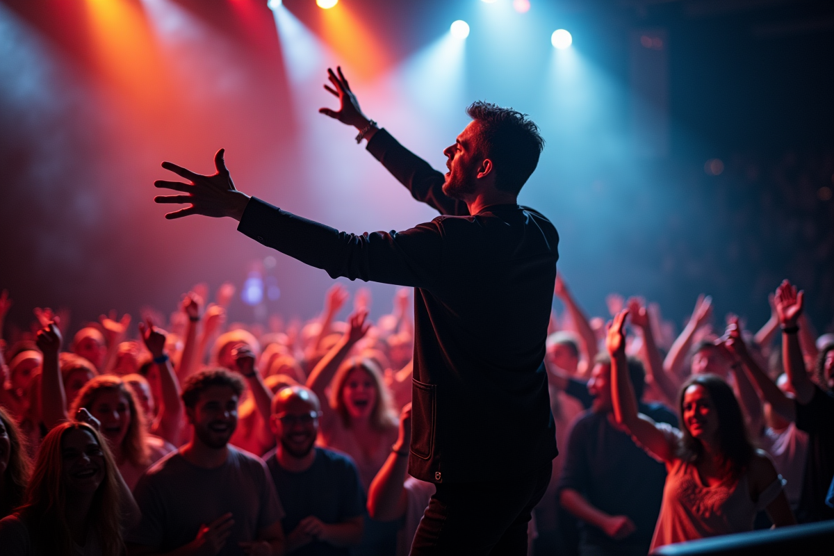 Performeur passionne lors d un concert avec public enthousiaste