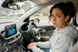 Conductrice confuse devant un GPS affichant kilomètres et miles simultanément dans une voiture moderne
