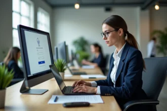 Femme connectée à un portail en ligne e-habillement sur son ordinateur portable au bureau