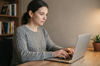 Femme se connectant en toute sécurité sur son ordinateur portable depuis son bureau à domicile