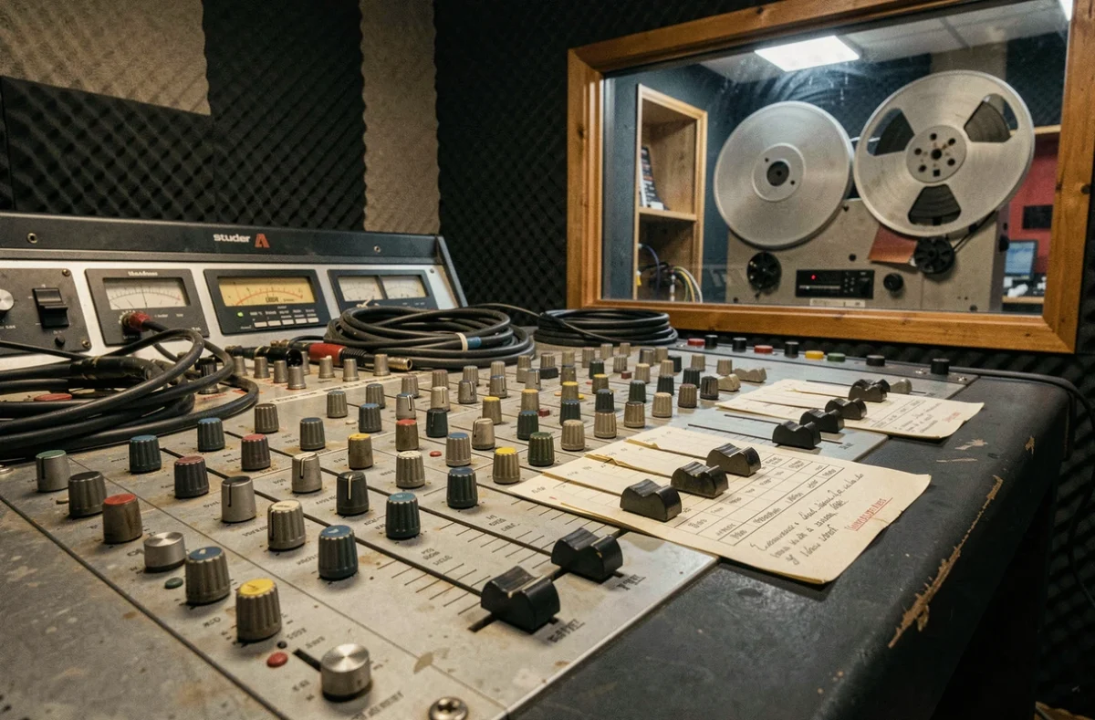 Console d'enregistrement analogique vintage des années 1960 avec bobines de bande magnétique et câbles XLR, évoquant les coulisses techniques du tube Stand By Me