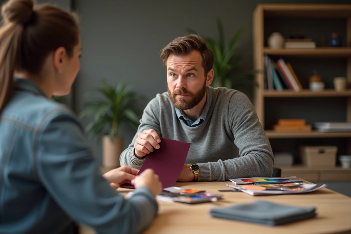 Homme en consultation de conseil en image avec une styliste, analysant des nuanciers de couleurs et des échantillons de tissu sur une table dans un espace professionnel moderne