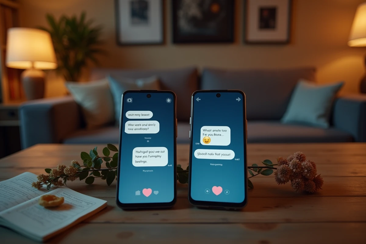 Deux smartphones affichant une conversation bonne nuit posés sur une table en bois évoquant l'amour à distance