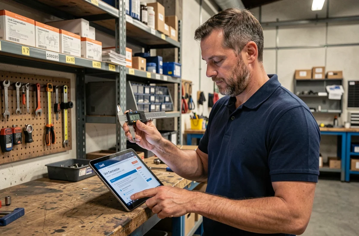 Ingénieur consultant un convertisseur de mesure pouces centimètres sur tablette dans un atelier industriel