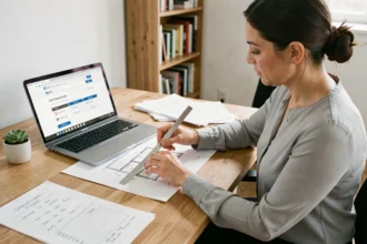 Femme utilisant un convertisseur pouces en centimètres sur ordinateur portable avec règle métallique sur un bureau en bois