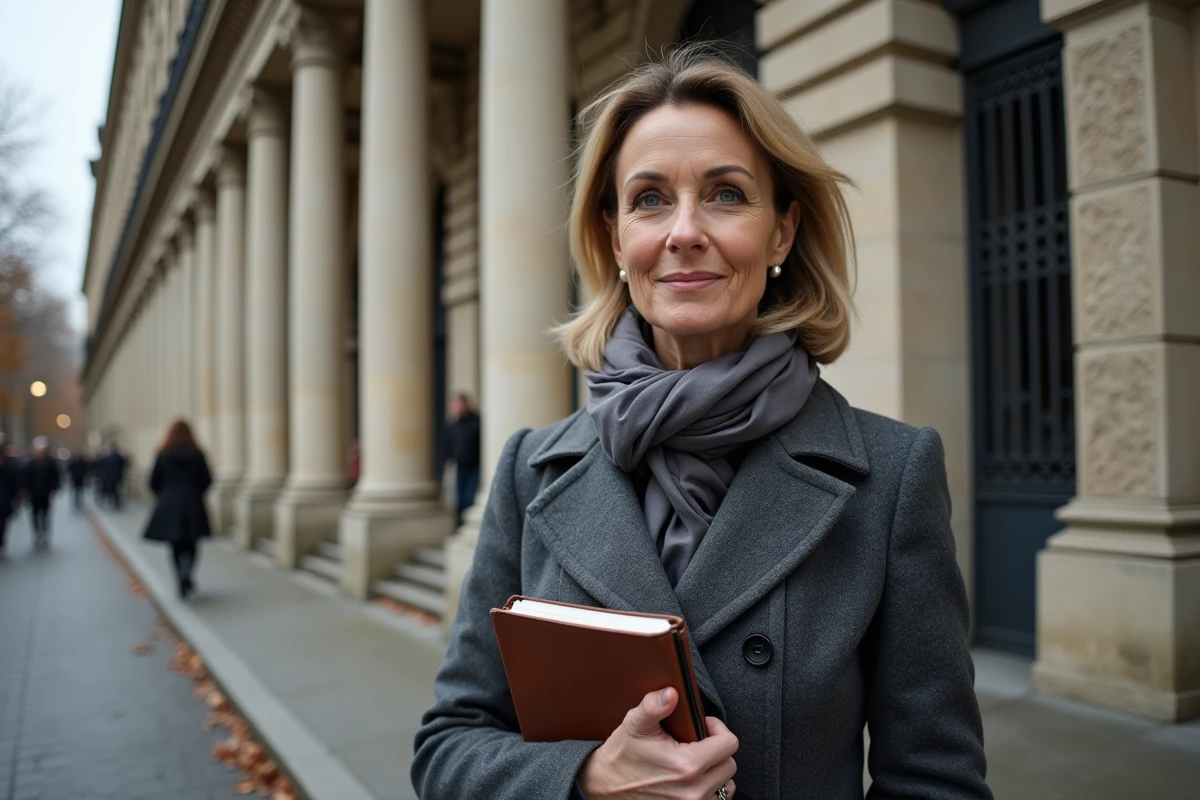 Correspondante politique devant un bâtiment institutionnel parisien en automne, carnet de notes à la main