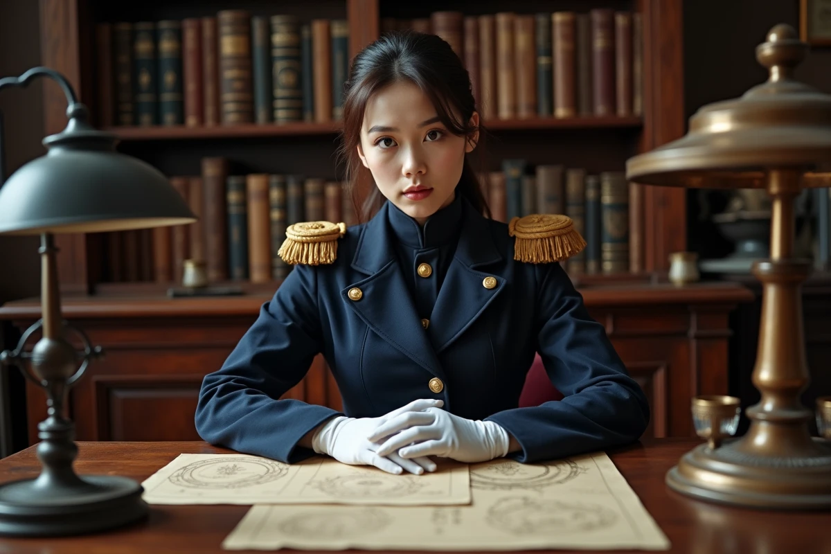 Cosplay féminin de Roy Mustang en uniforme militaire à bureau vintage avec cercles alchimiques Fullmetal Alchemist