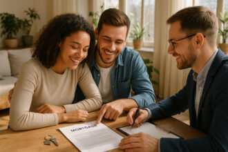 Jeune couple souriant avec agent immobilier dans salon lumineux