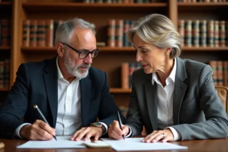 Couple consultant un notaire pour un PACS ou une succession, assis face à un bureau notarial avec des documents officiels