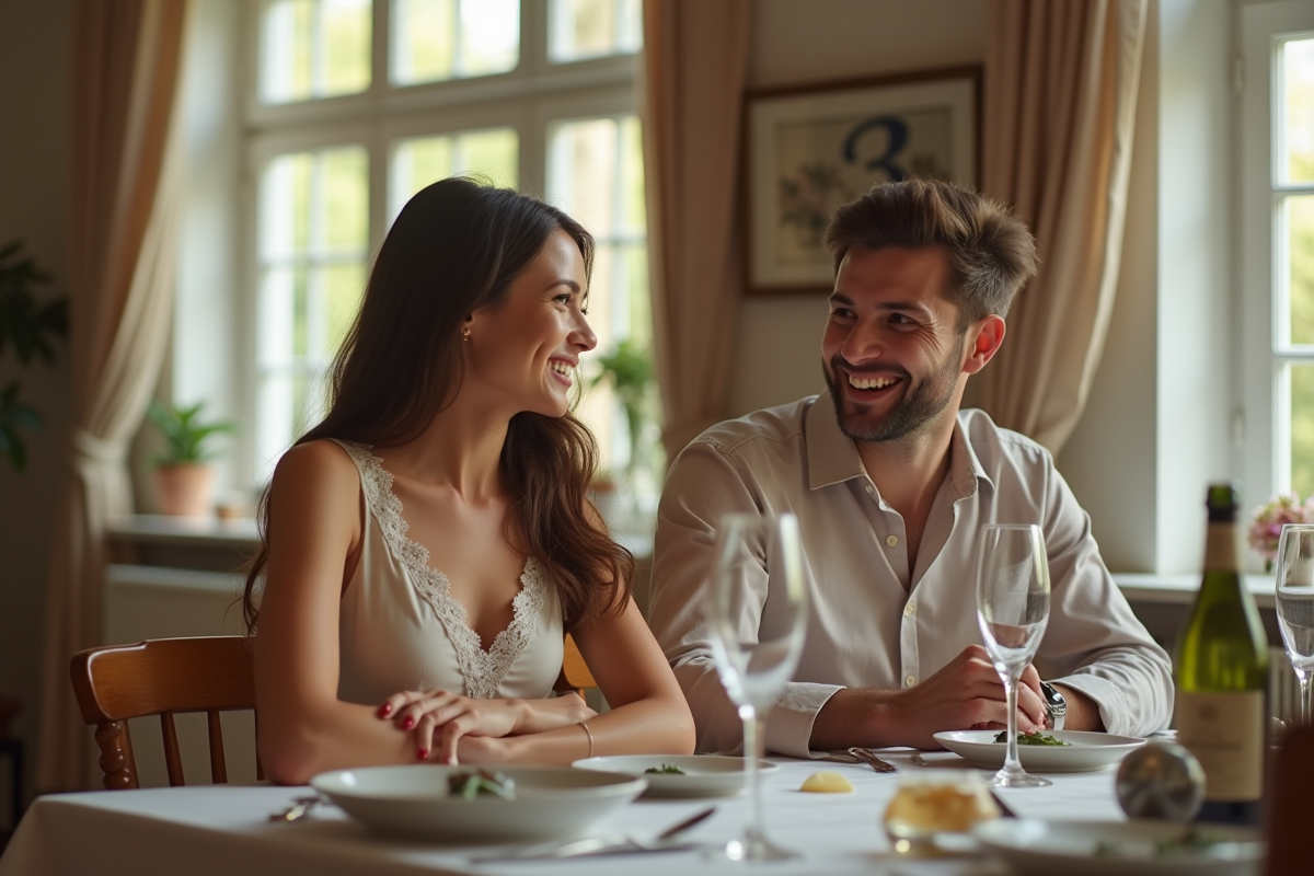 Couple souriant lors d'un dîner élégant à la maison