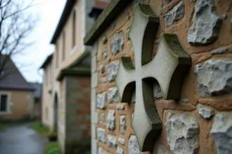 Croix de Lorraine sculptée dans la pierre d'une église médiévale en Lorraine, couverte de lichen, symbole historique français