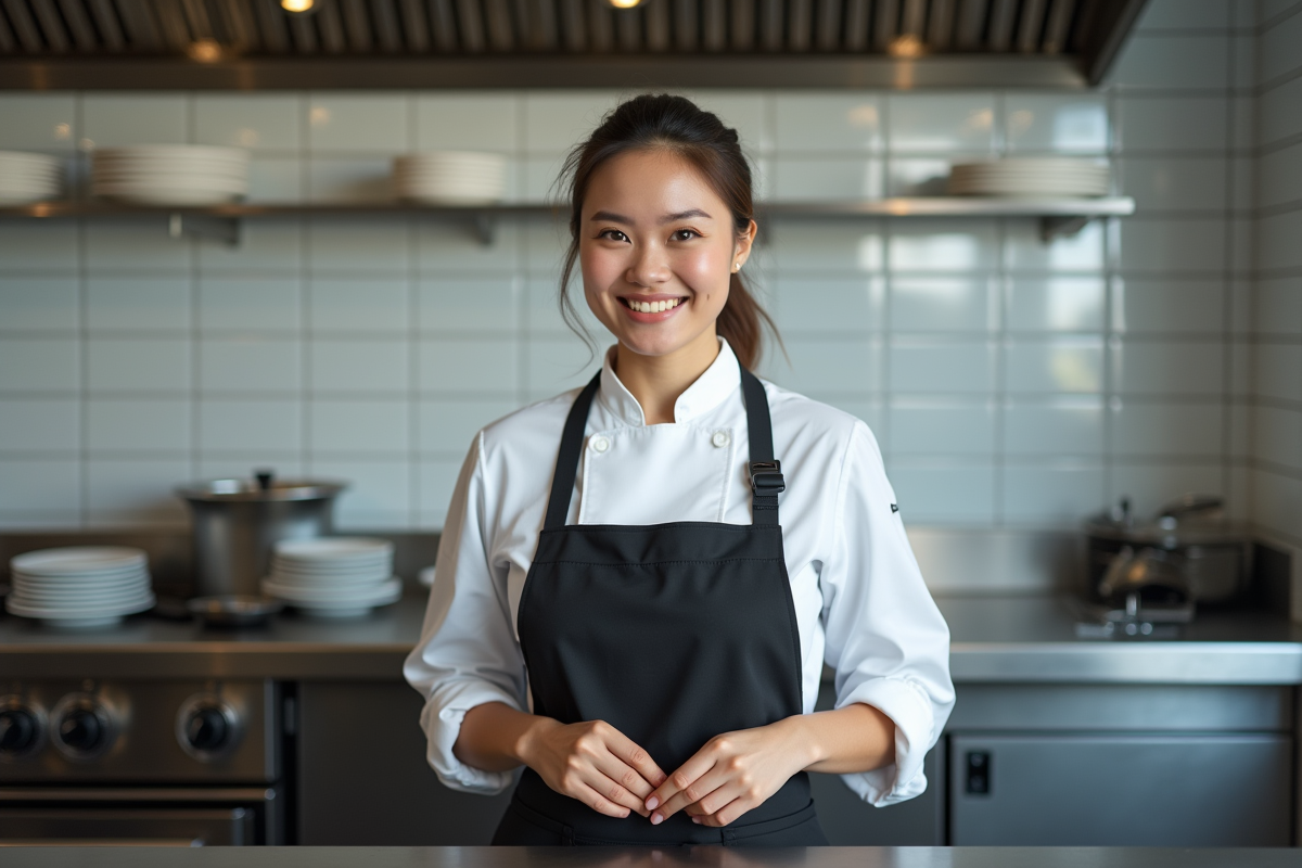 Femme cuisiniere souriante ajustant son tablier en cuisine
