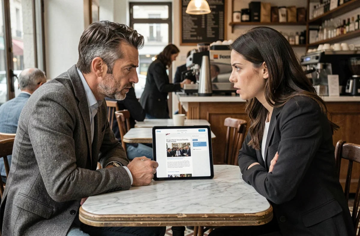 Deux journalistes débattant des atouts et dérives du blog L'échelle de Jacob autour d'une tablette dans un café parisien