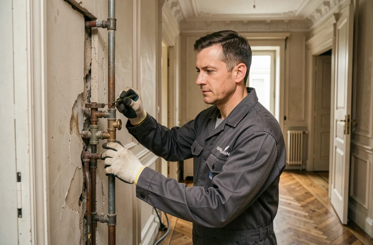 Plombier Decelle diagnostiquant une fuite de canalisation dans un appartement haussmannien à Saint-Étienne