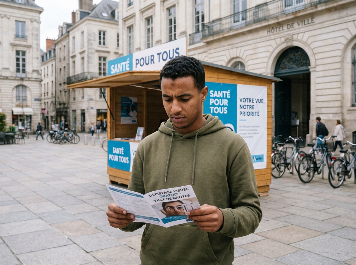 Jeune homme lisant une brochure sur le dépistage visuel gratuit lors d'une action de santé publique sur une place municipale française