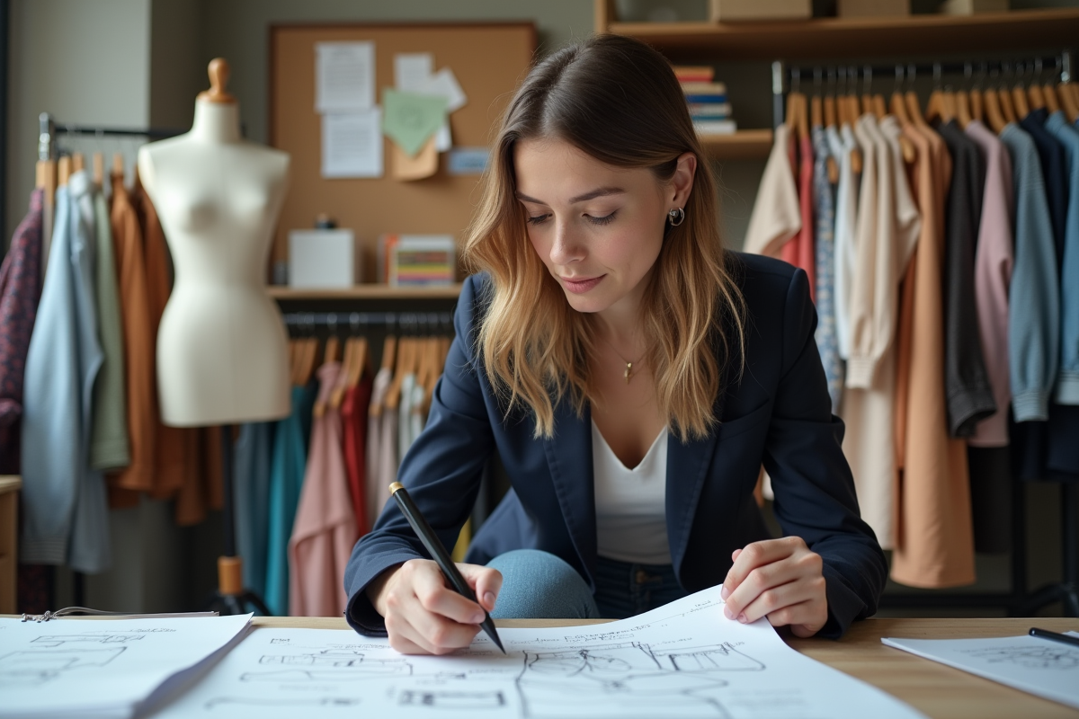 Jeune styliste dessinant des vêtements dans son atelier