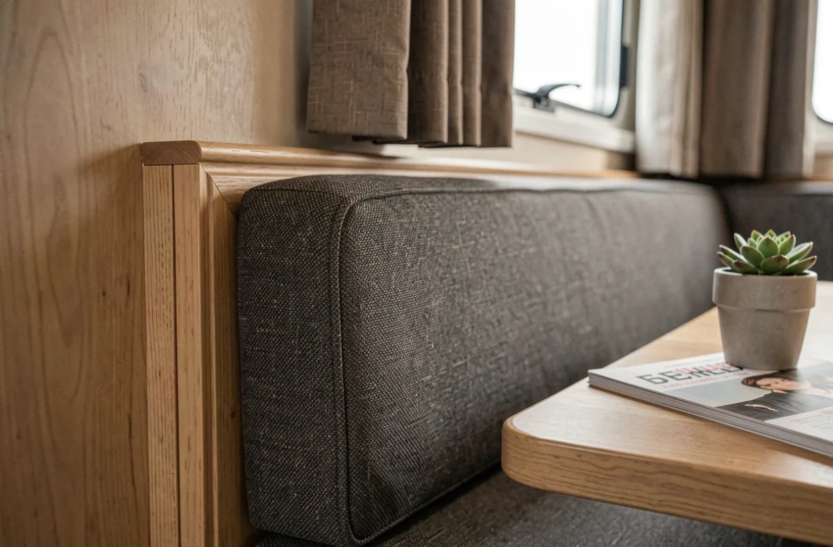 Détail de finition intérieure d'un mobil-home premium montrant la couture d'une banquette rembourrée en tissu texturé et le raccord soigné avec le panneau mural laminé