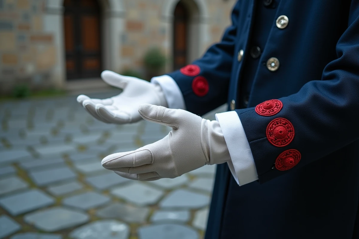 Détail gants brodés cercle alchimique flamme du cosplay Roy Mustang Fullmetal Alchemist Brotherhood en cour pavée