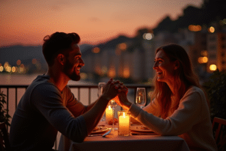 Couple riant lors d un dîner romantique au balcon au coucher du soleil