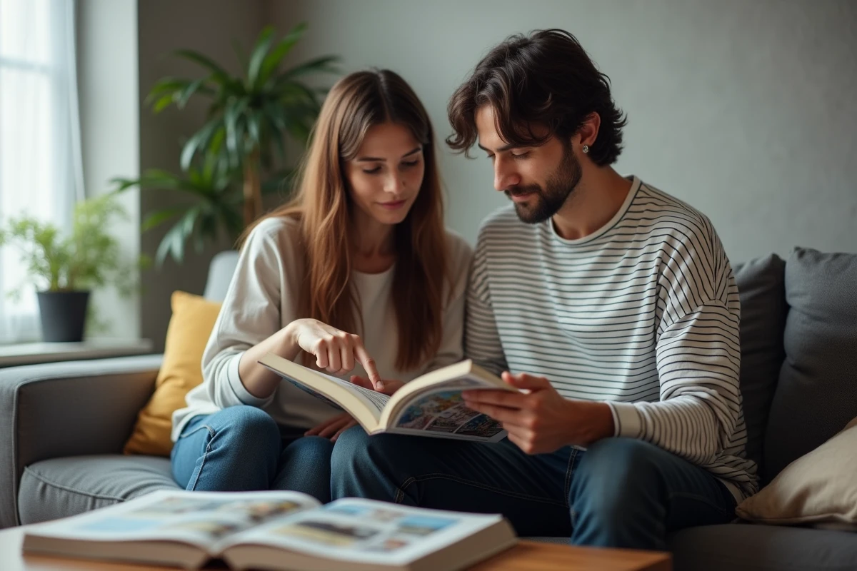 Deux jeunes adultes discutant d'un manga dérivé ensemble dans un salon moderne et minimaliste