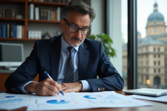 Economiste homme en costume analysant des graphiques financiers