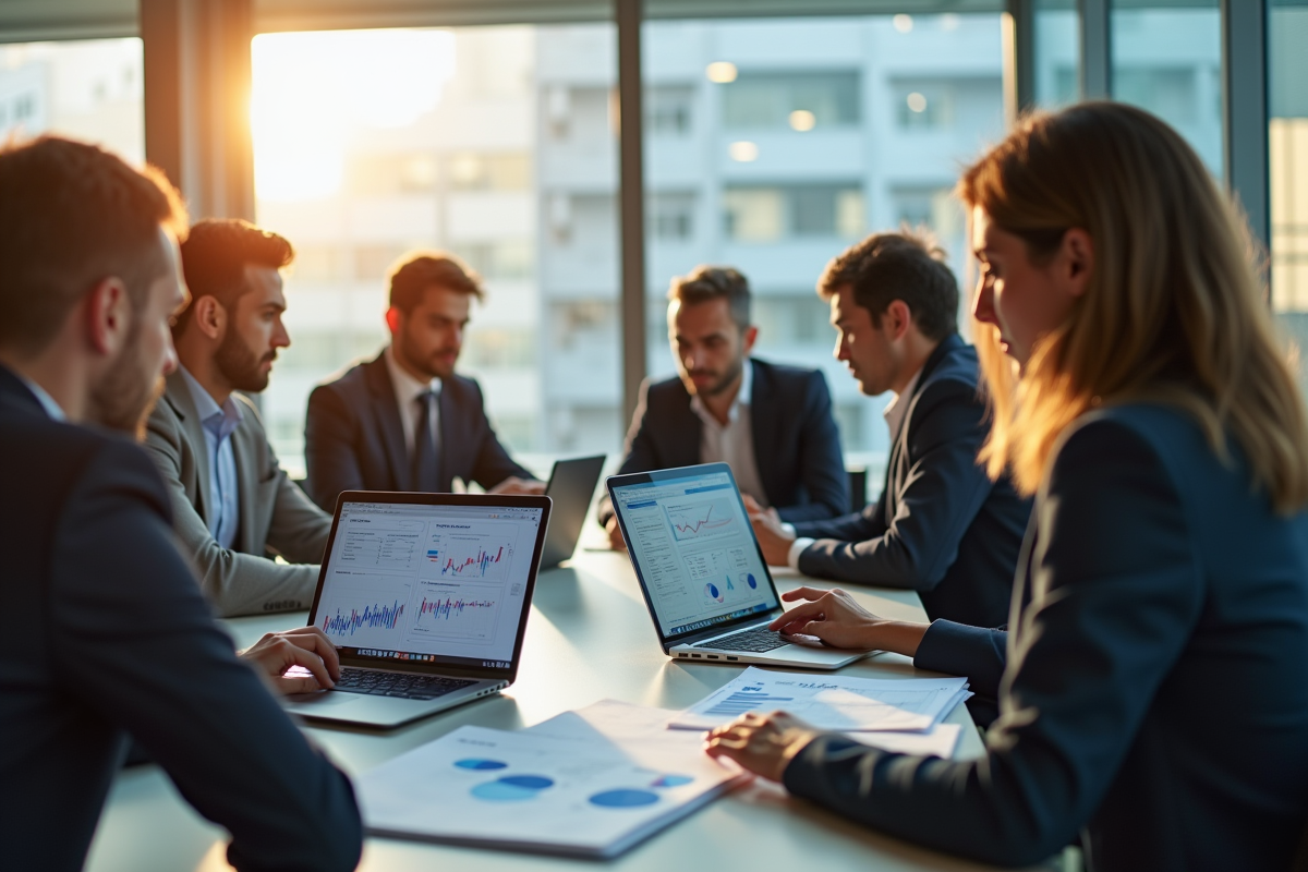 Groupe d'économistes analysant des graphiques financiers et documents budgetaires