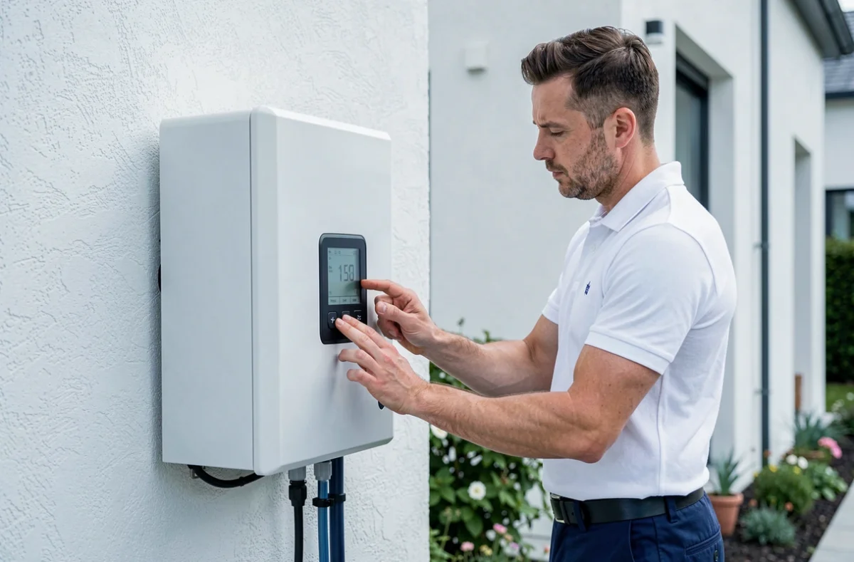 Technicien Ecotherm 42 configurant une pompe à chaleur écologique sur une maison moderne à Saint-Étienne