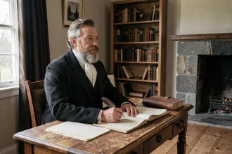 Portrait d'un écrivain transcendantaliste américain du XIXe siècle assis à son bureau dans une étude en bois de Nouvelle-Angleterre, évoquant Ralph Waldo Emerson et la philosophie transcendantaliste
