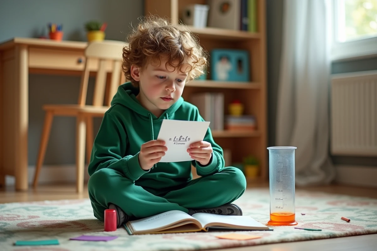 Garçon révisant les conversions de volume avec des fiches et un verre gradué dans sa chambre