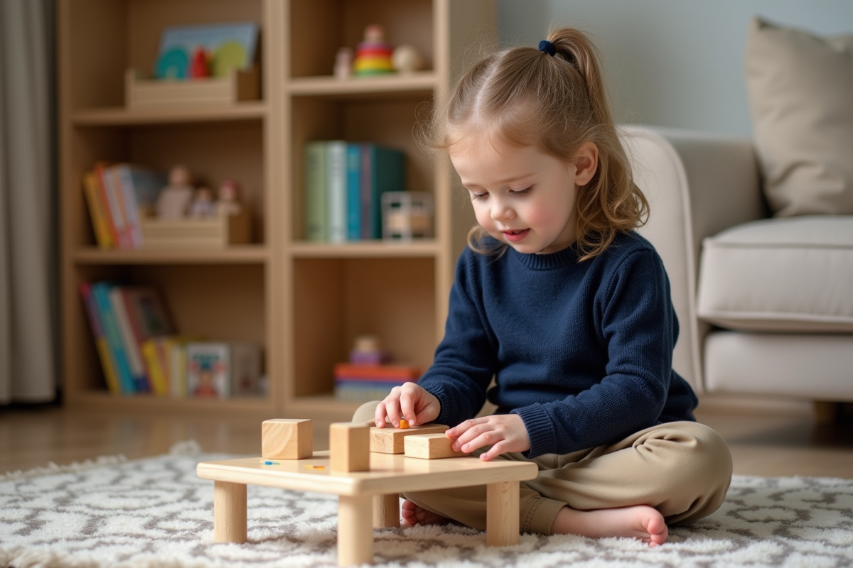 Jeune fille concentrée assemble des blocs en bois Montessori