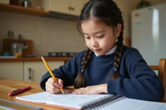 Jeune fille révisant la conversion cm cube litre dans un cahier à la table de la cuisine