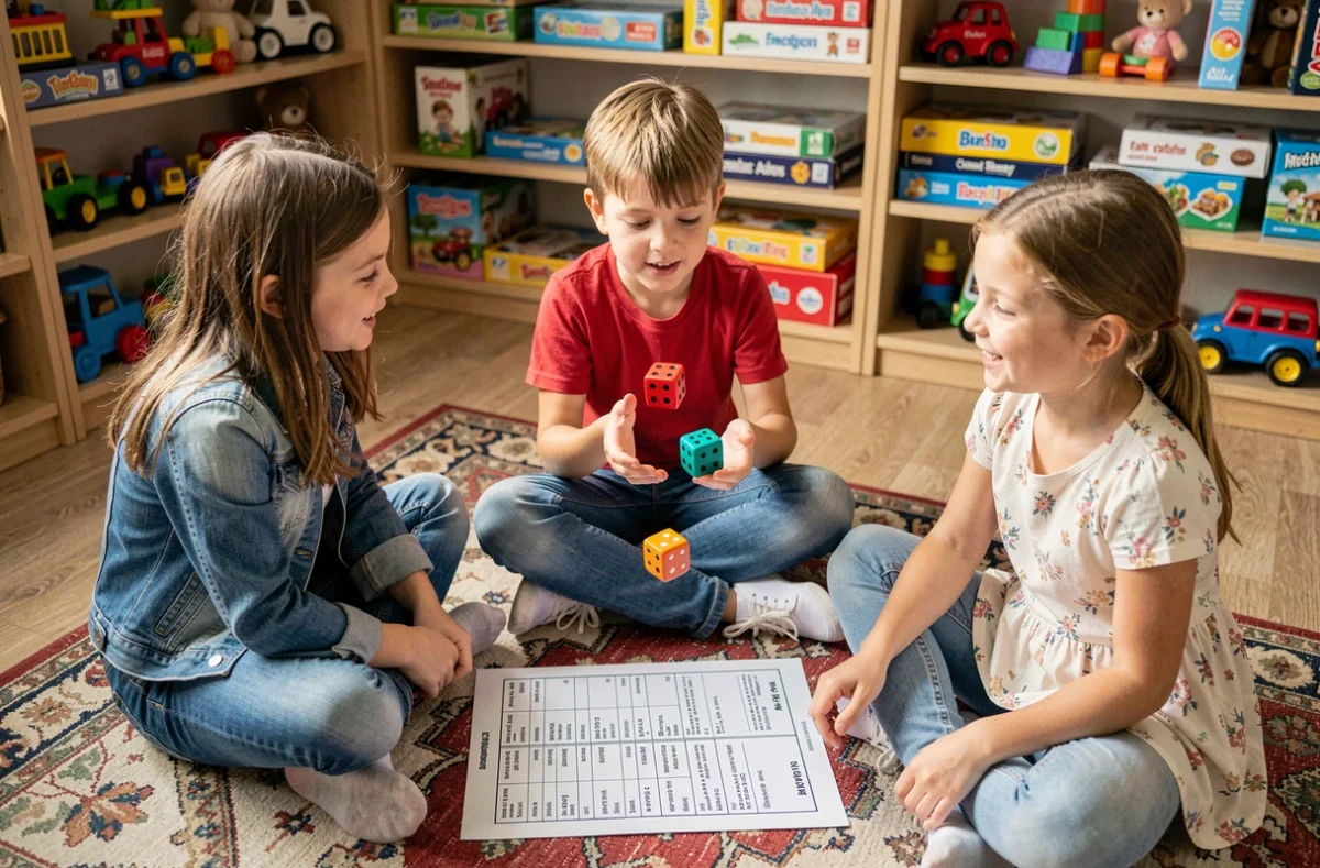 Trois enfants jouant seuls au 421 avec une feuille de règles imprimée sur un tapis de salle de jeux