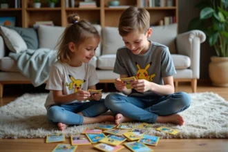 Adolescent et jeune fille jouant aux cartes Pokémon dans un salon