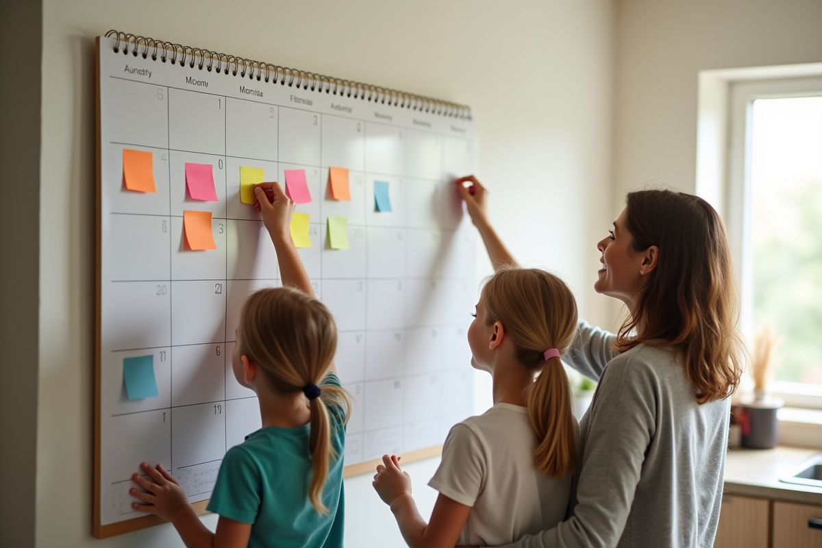 Parent et enfants collant des notes colorées sur un calendrier mural