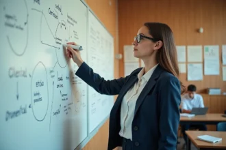 Enseignante expliquant un concept paradigmatique devant un tableau blanc avec des schémas conceptuels dans une salle universitaire