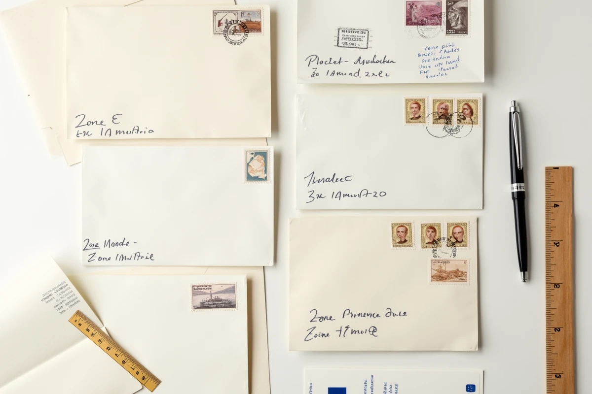 Vue aérienne d'enveloppes avec zones tarifaires, timbres et tableau de prix pour l'envoi de courrier 2026