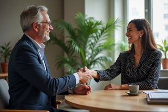 Deux adultes se serrant la main dans un bureau moderne