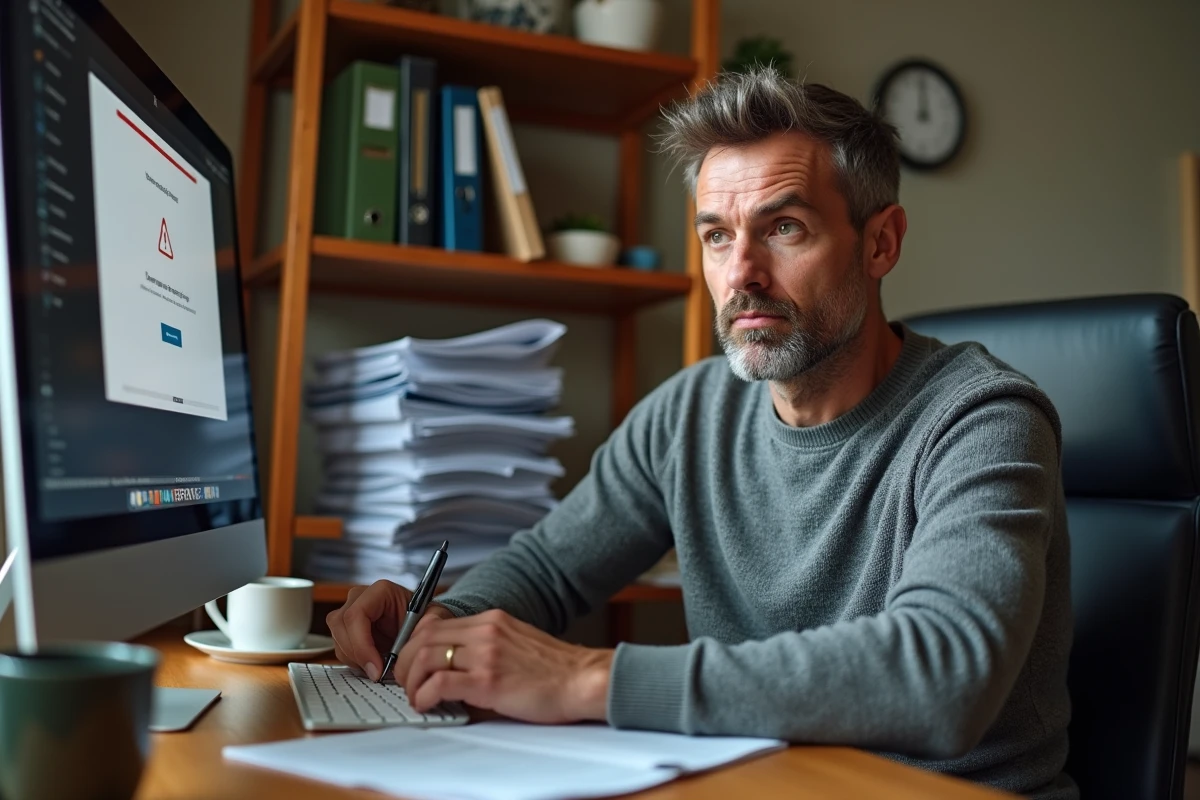 Homme face à un message d'erreur lors de la connexion au portail e-habillement depuis son bureau à domicile