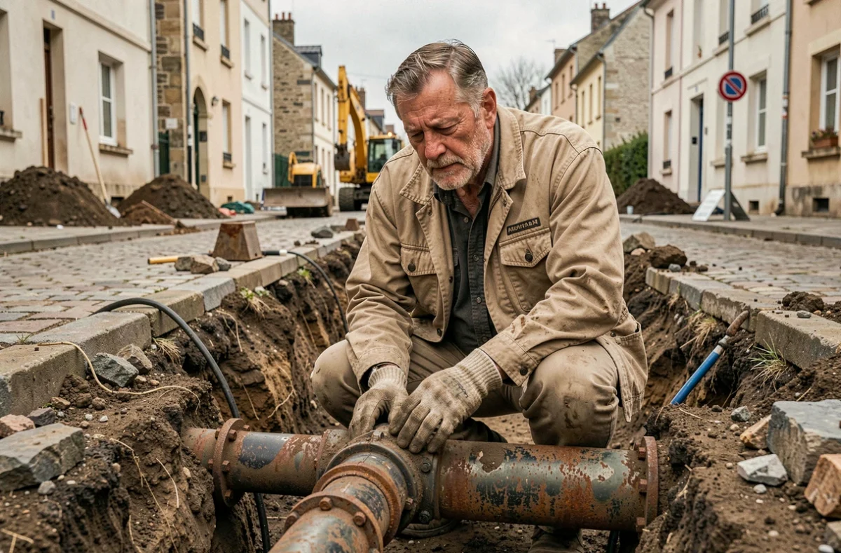 Plombier de l'Etablissement Besseney réparant une canalisation souterraine dans une rue résidentielle de Saint-Étienne