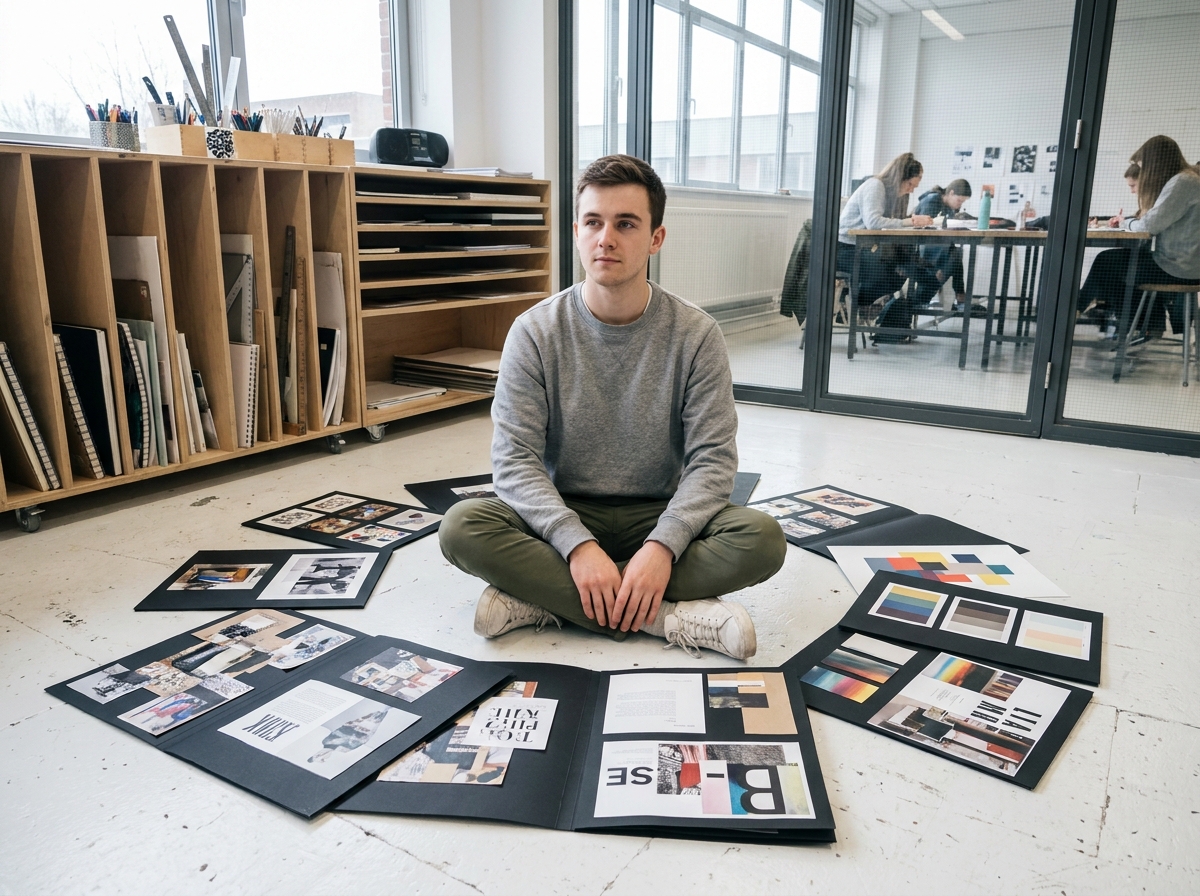 Étudiant en prépa art et design révisant son portfolio de travaux créatifs dans un atelier de design contemporain