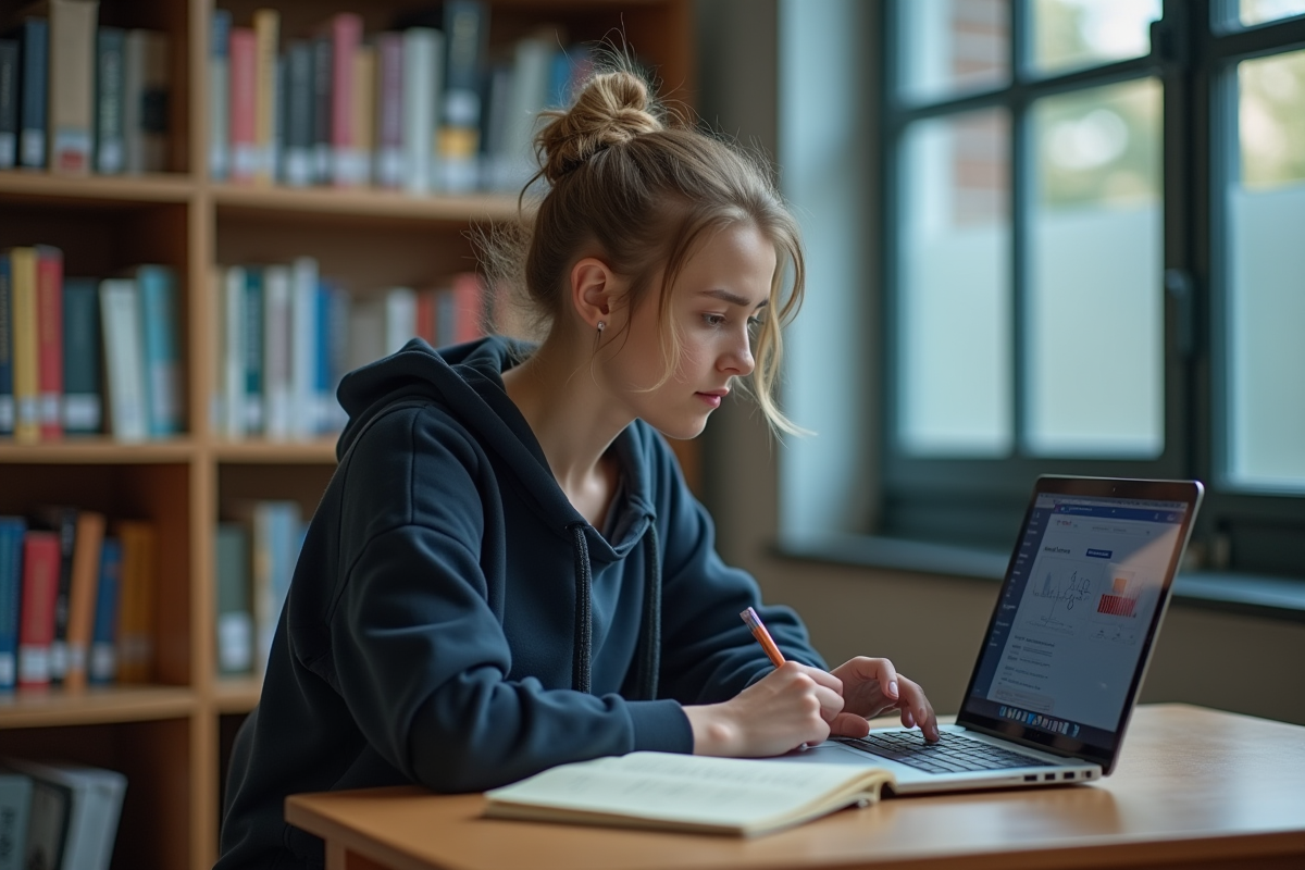 Jeune étudiante en ingénierie concentrée sur son ordinateur